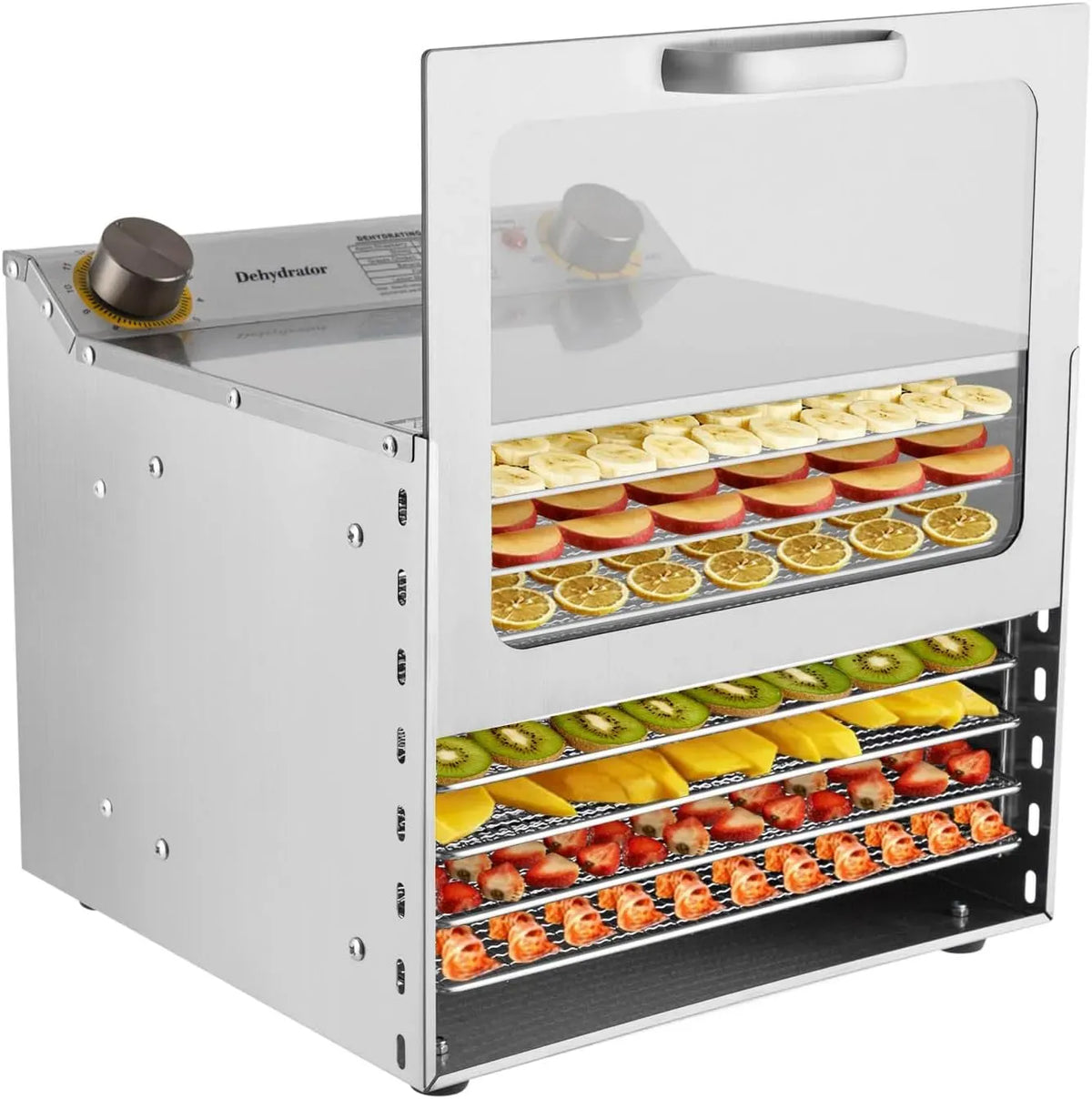 0-12H per verdure, timer, Disidratatore automatico a 8 ripiani, con sistema di circolazione dell'aria calda a 360°, regolatore di temperatura 30-90°C
