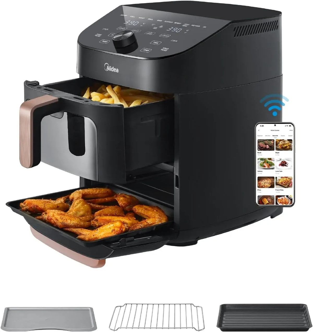 Friggitrice ad aria, 11 L, 2400 W, friggitrice elettrica senza olio, Midea Friggitrice ad Aria Verticale Doppia Zona 10 in 1