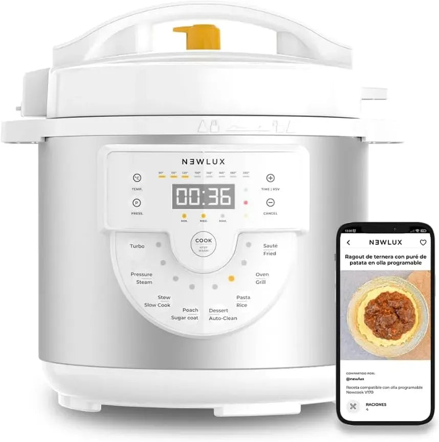 Pentola e padella, 6 L, 1000 W, 15 programmi, bianco, 4 Livelli di Pressione e Vasca in Ceramica, Capacità 6 l