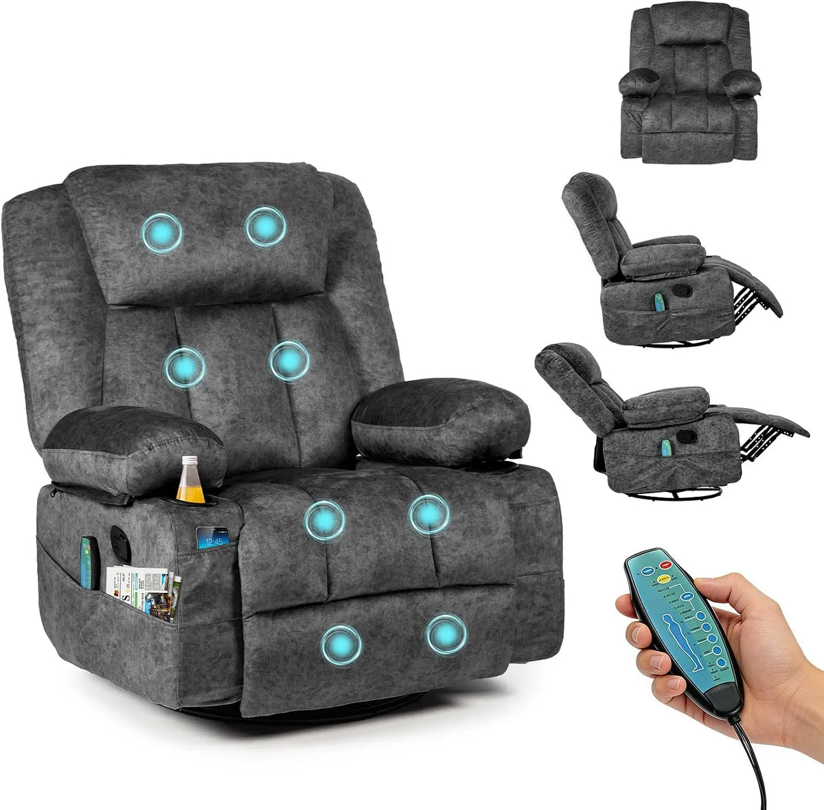 Poltrona relax con massaggio, HAUSPROFI, decorazione del soggiorno, grigio, girevole a 360°, 6 tasche laterali
