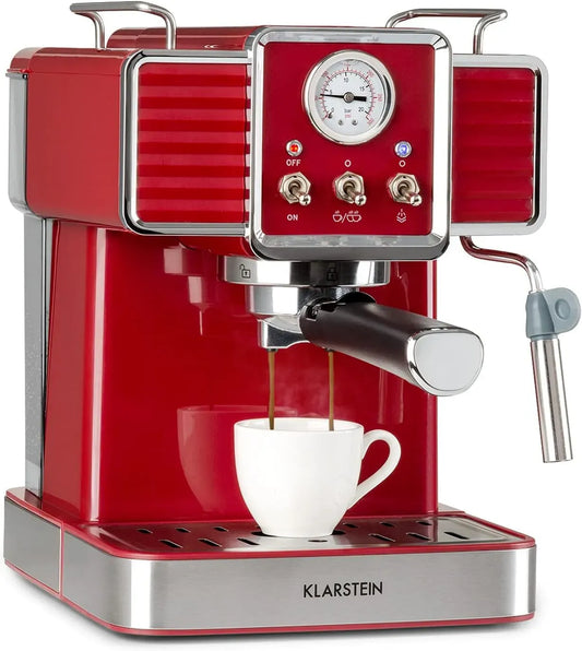 Klarstein Macchina per Caff, Filtro, macchina da caffè elettrica, 1,5 L, 1350 W, 20 Bar, ampio serbatoio, acciaio inox, rosso